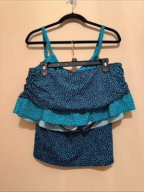24th & Ocean Teal and Navy Printed Swim Top and Ruffle Skirt Set Size XL/16W